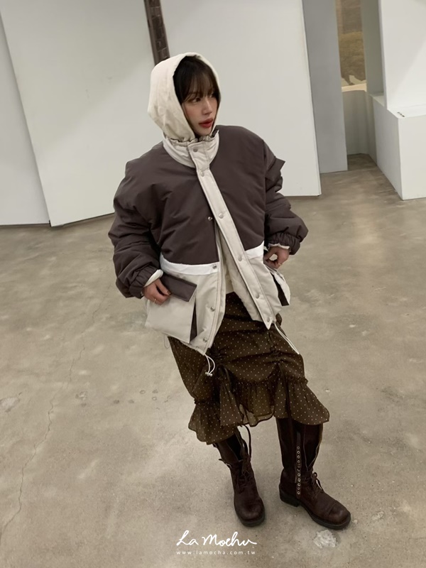 澎澎口袋拼色抽繩外套
